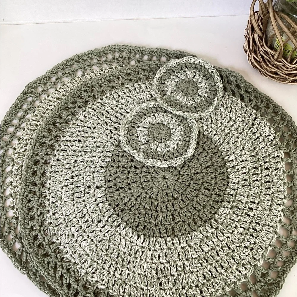 Placemat Coaster Set Hand Crafted Green White Cotton Crochet Boho